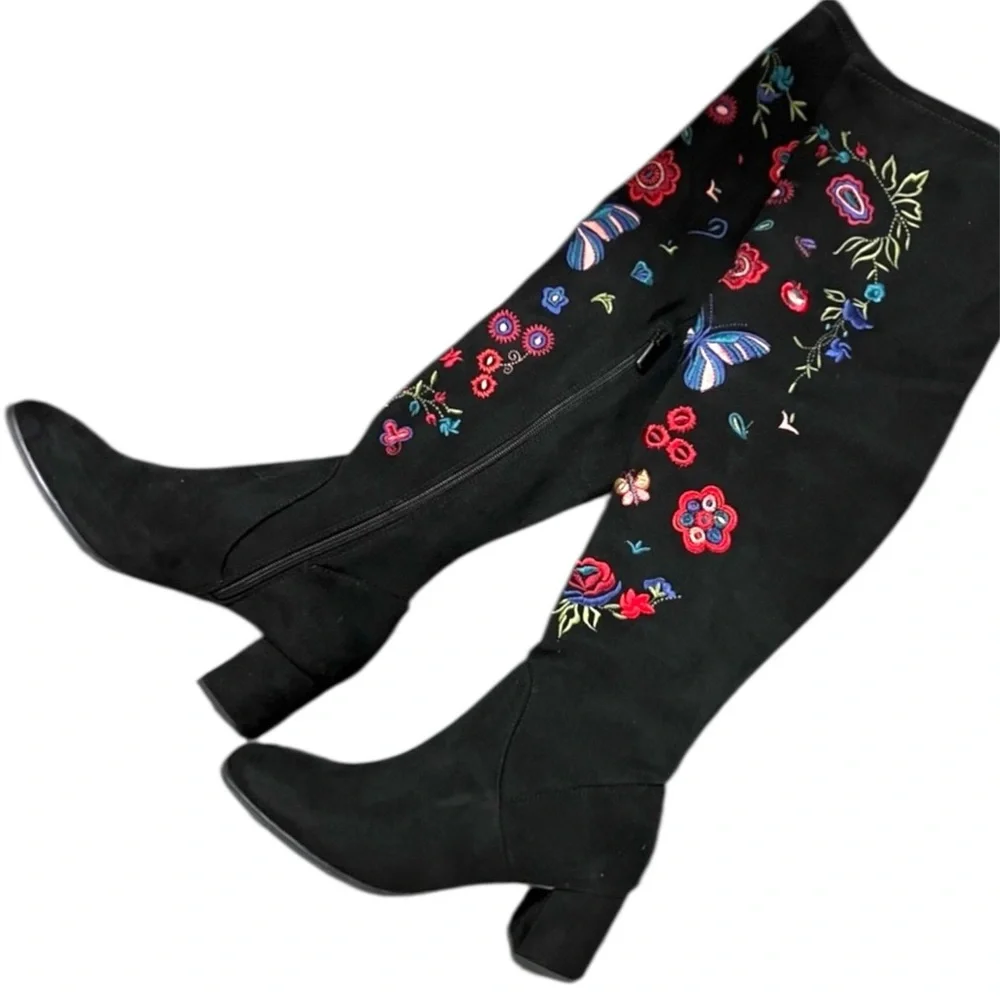 NWOT Impo Judy Embroidered Over-The-Knee Boots stretch block heel colorful